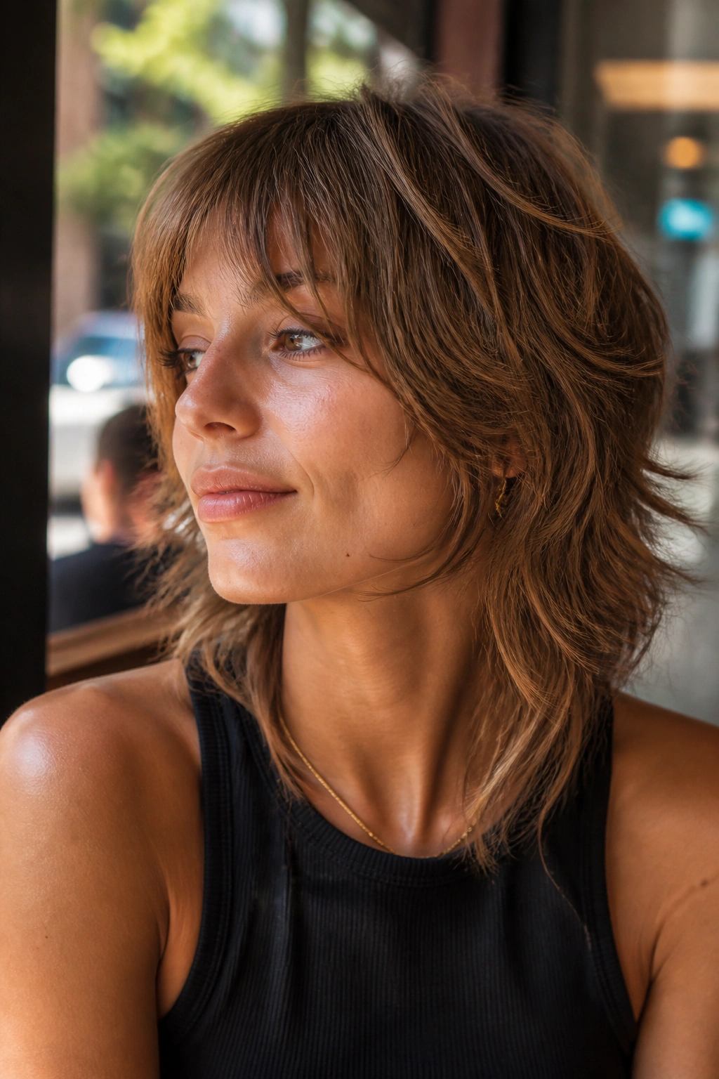 Close-up portrait of a real woman with face-framing shaggy mullet front layers framing cheeks.