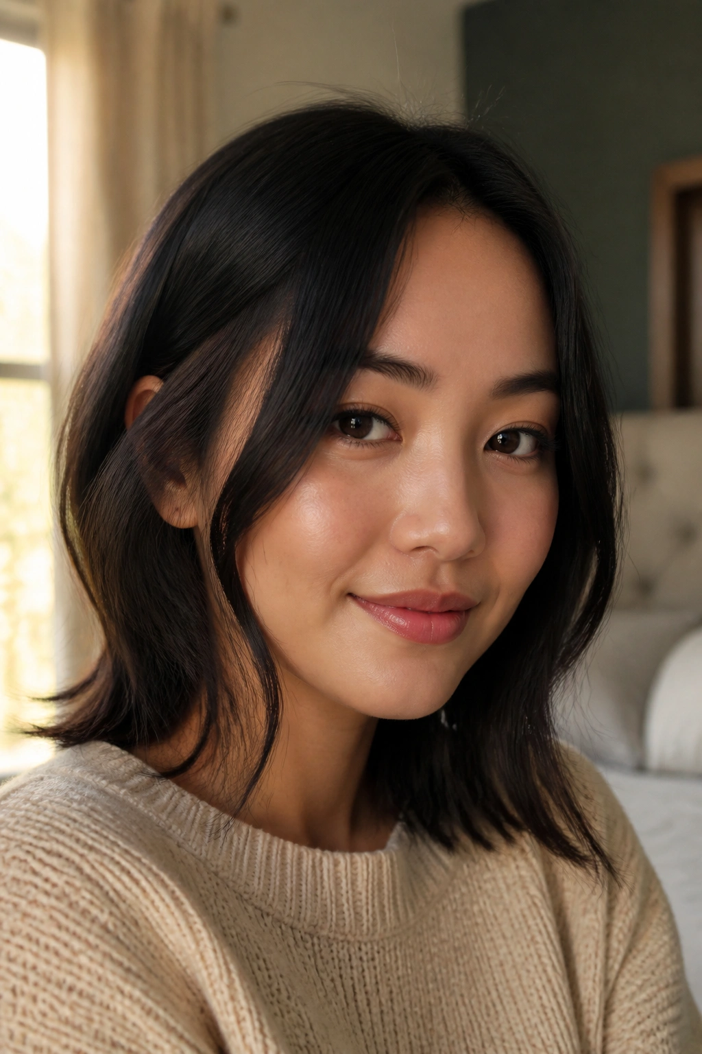 Close-up of a real woman's head showing soft black panels framing the temples on a shoulder-length bob.