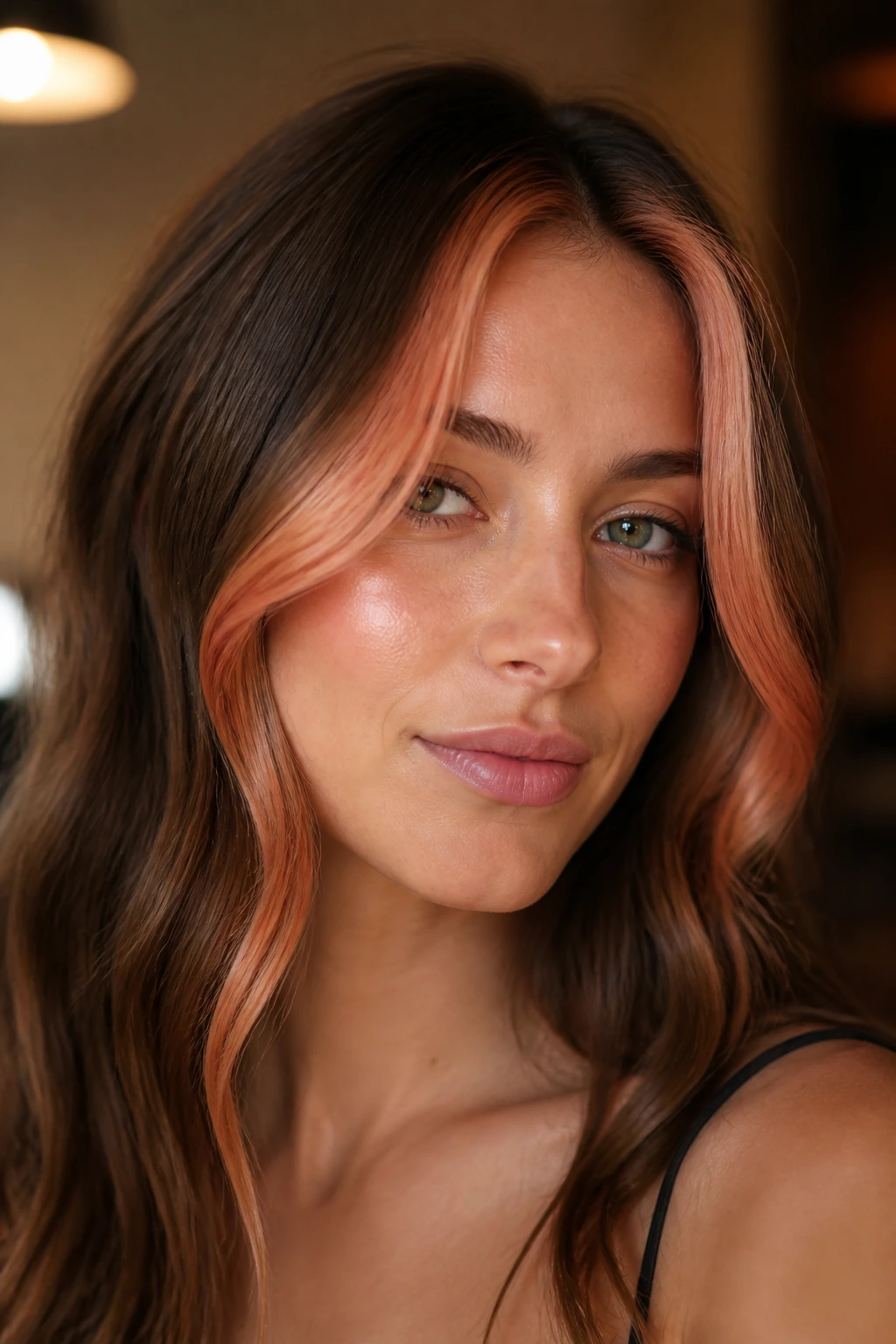 Close-up of a real woman with two face-framing peach-toned pieces highlighting the face