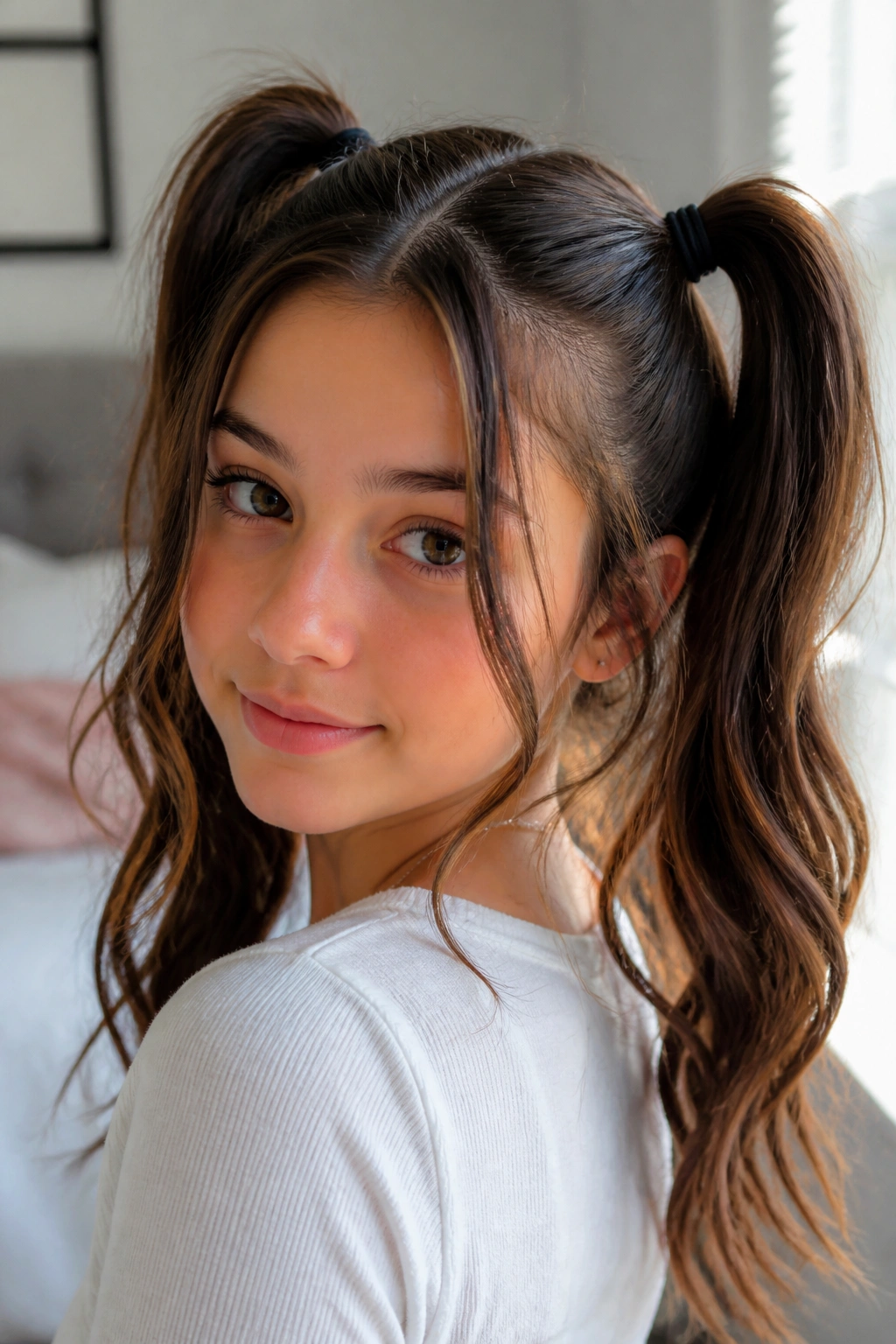 Close-up of a real girl with face-framing pieces around her high pigtails