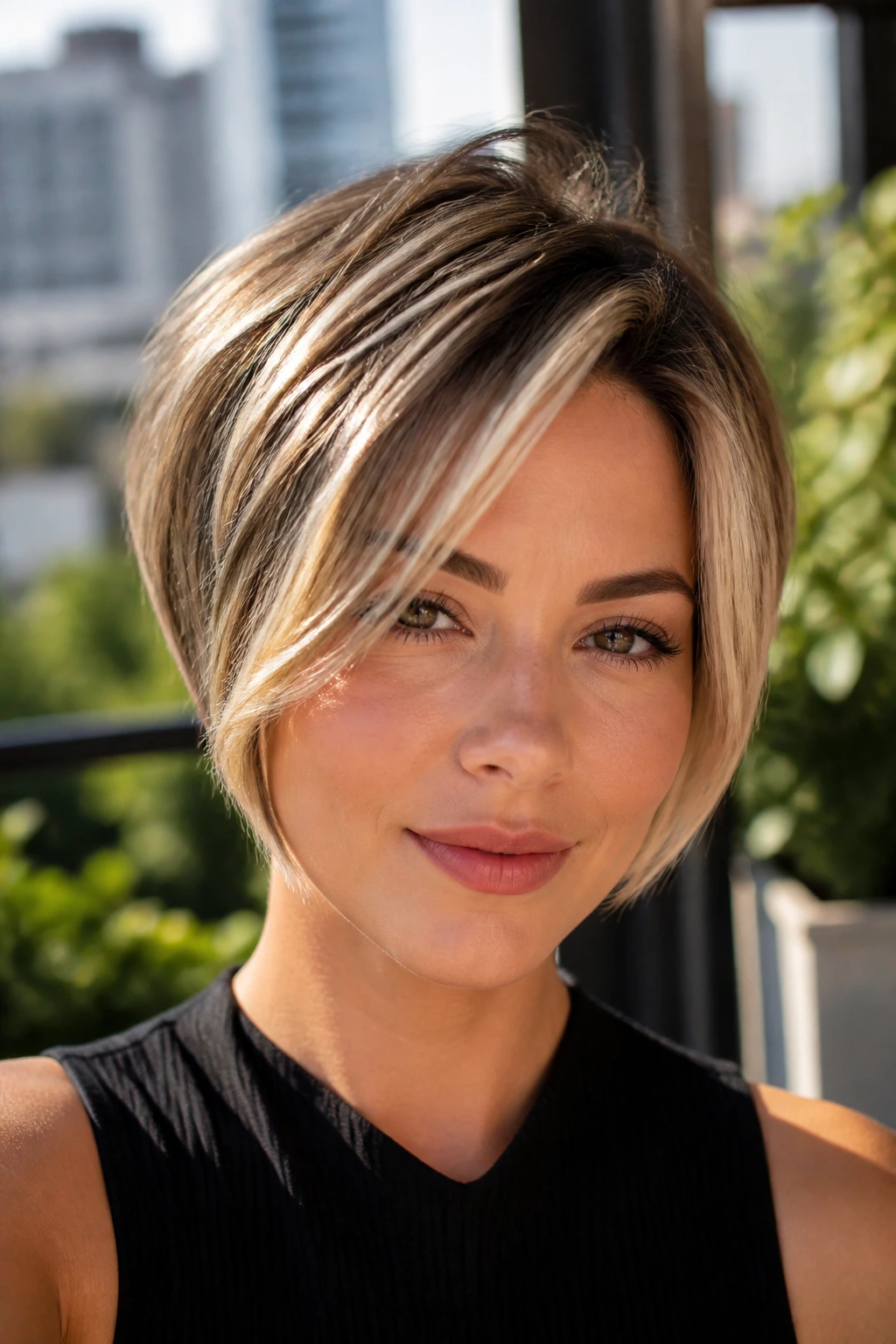 Close-up portrait of a pixie-bob with soft face-framing blonde pieces.