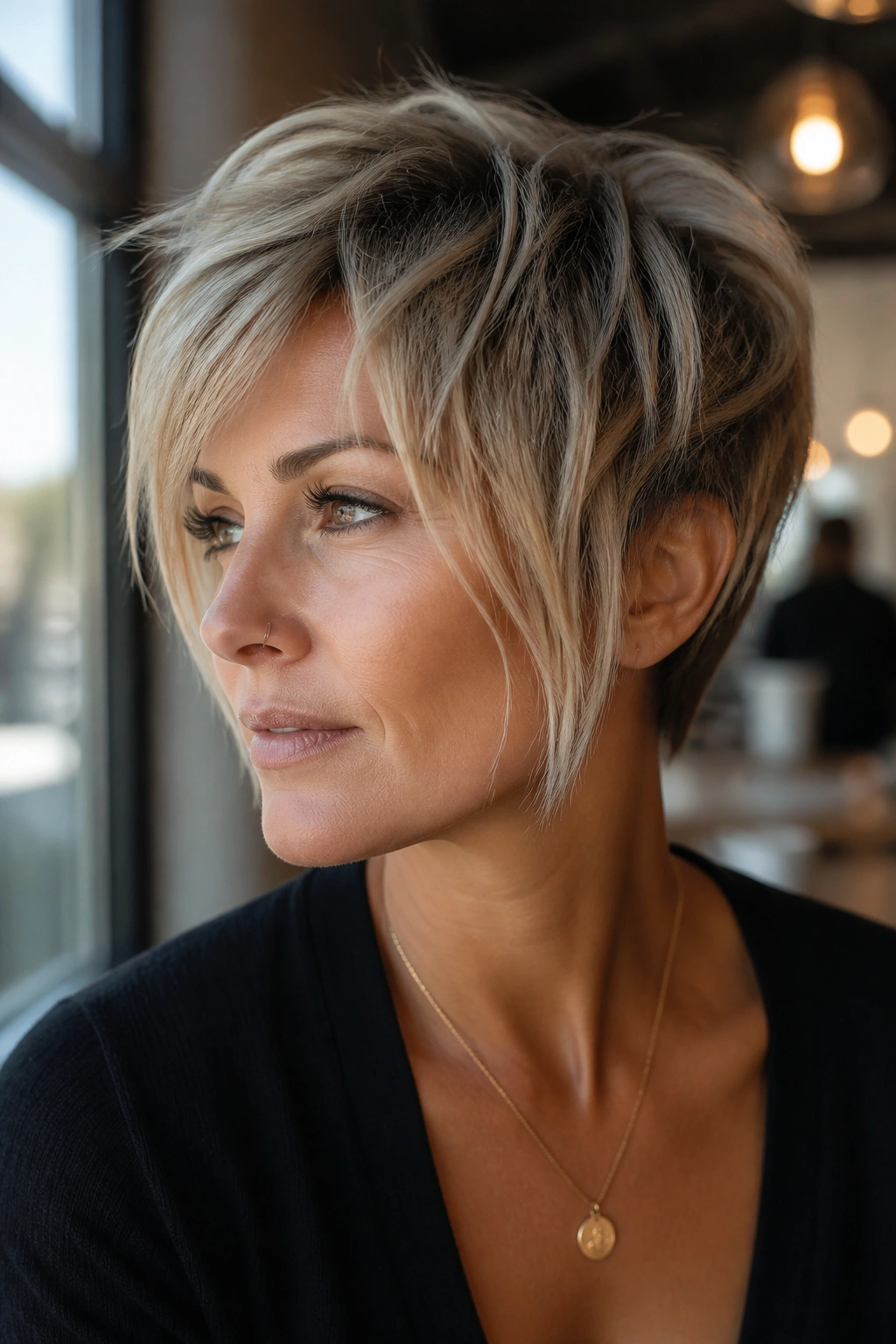 Portrait showing face-framing choppy pixie with uneven front pieces