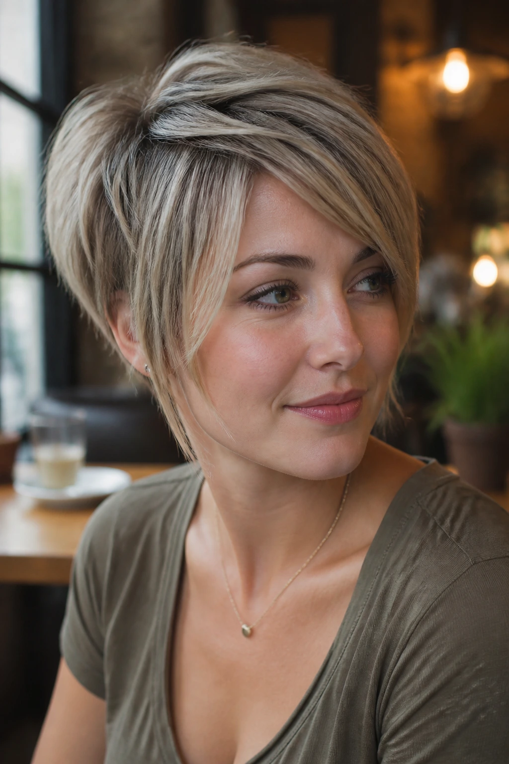 Three-quarter portrait of round-face framed stacked pixie