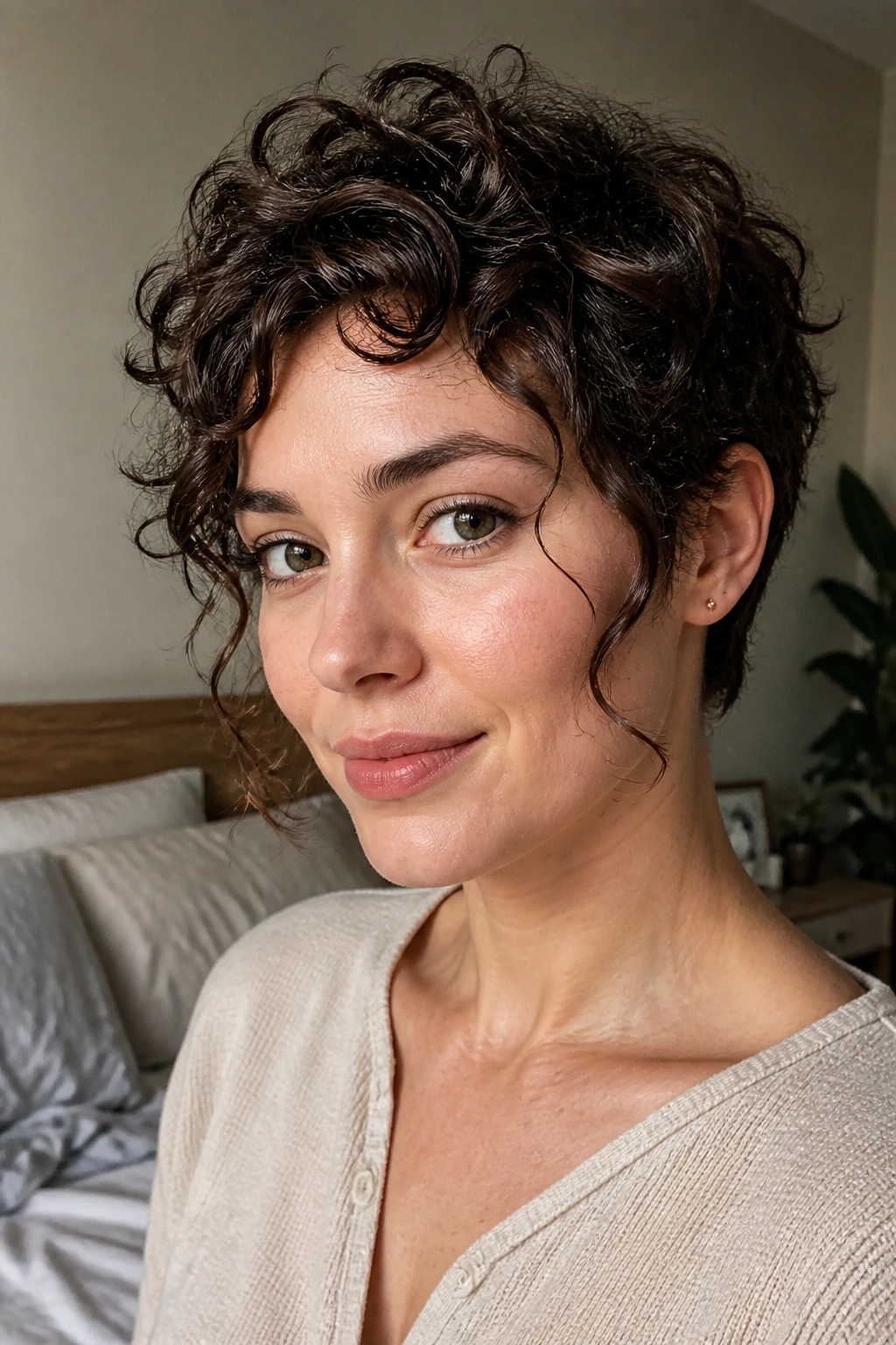 Close-up of a real woman with face-framing curly pixie and soft tendrils by the cheeks.