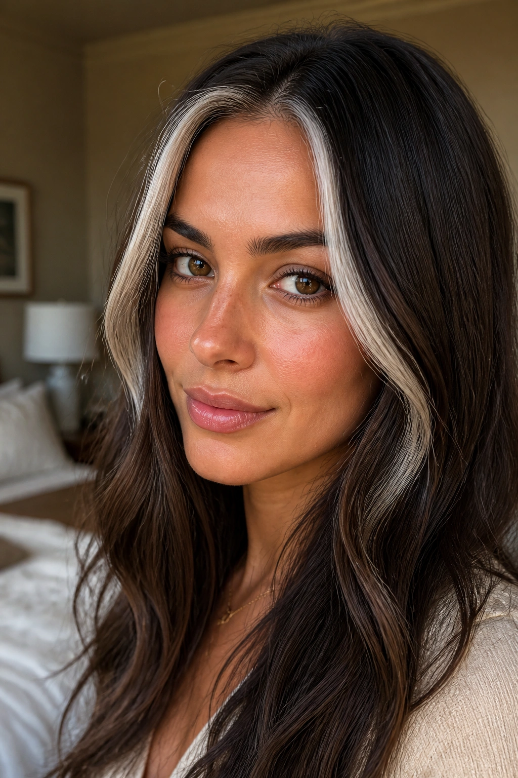 Close-up portrait of a real woman with face-framing platinum highlights at the hairline on brown hair.