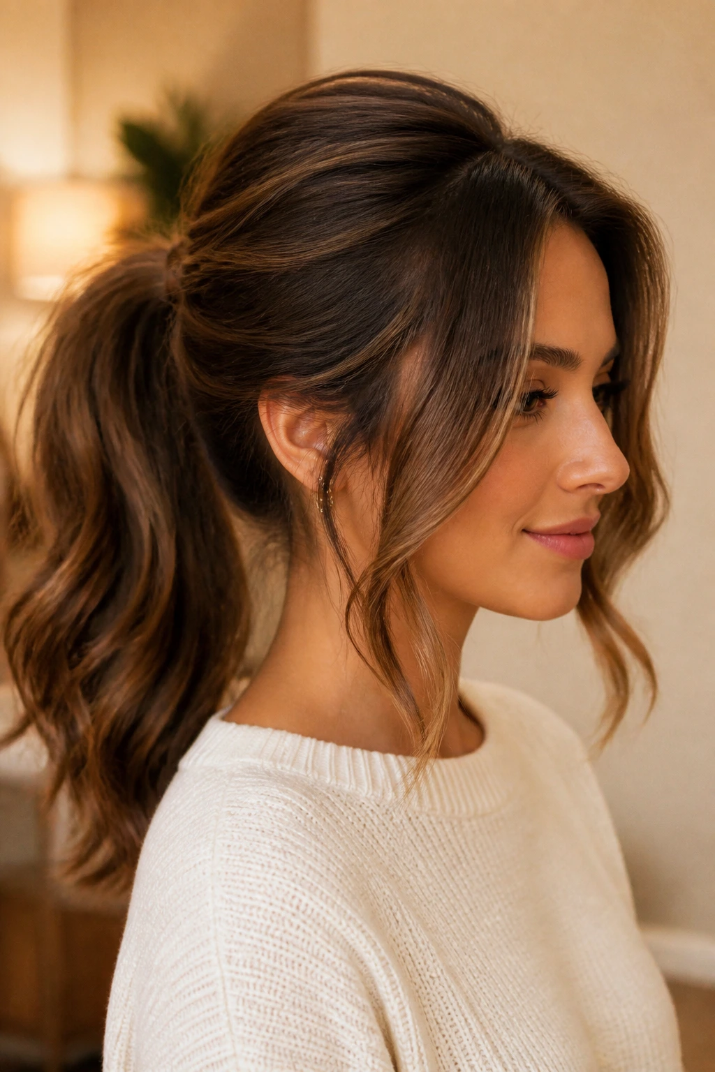 Real woman with a soft face-framing pony and curled front pieces