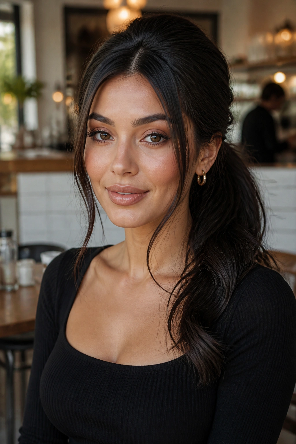 Close-up of a real woman with face-framing ponytail highlighting slim front sections