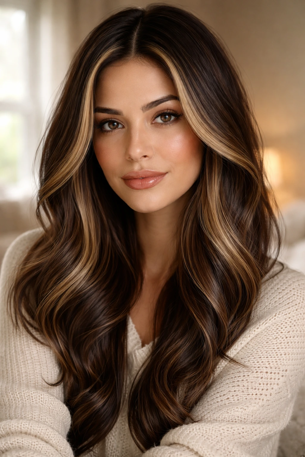Close-up of a real woman with soft face-framing honey ribbons around the front hair