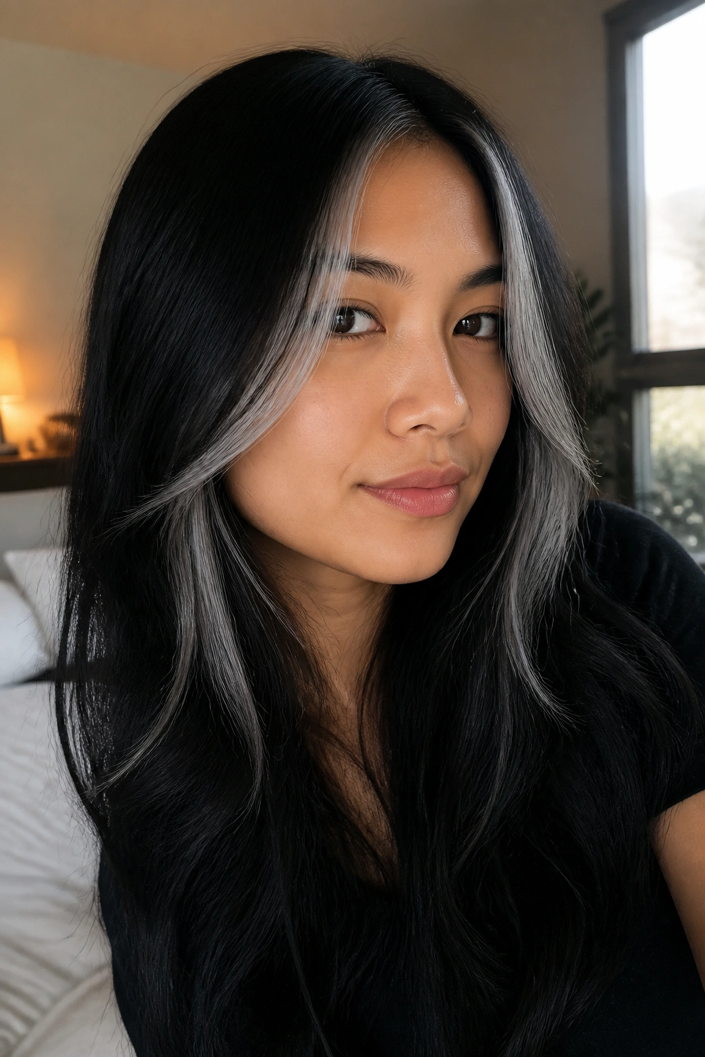 Portrait of a real person with silver face-framing ribbons in long black hair.