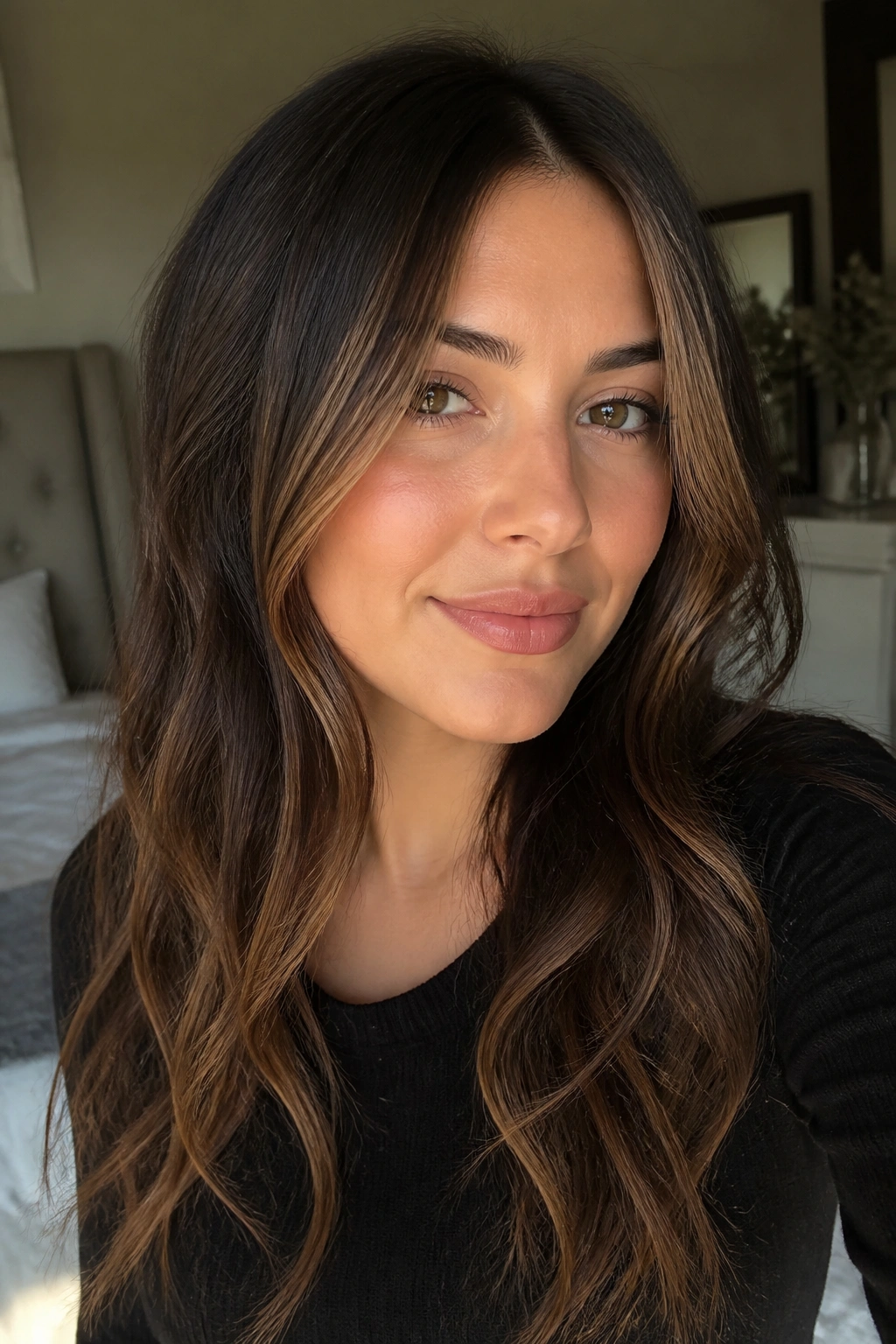 Close-up of a real woman with face-framing ribbons starting at the temples in chocolate brown balayage