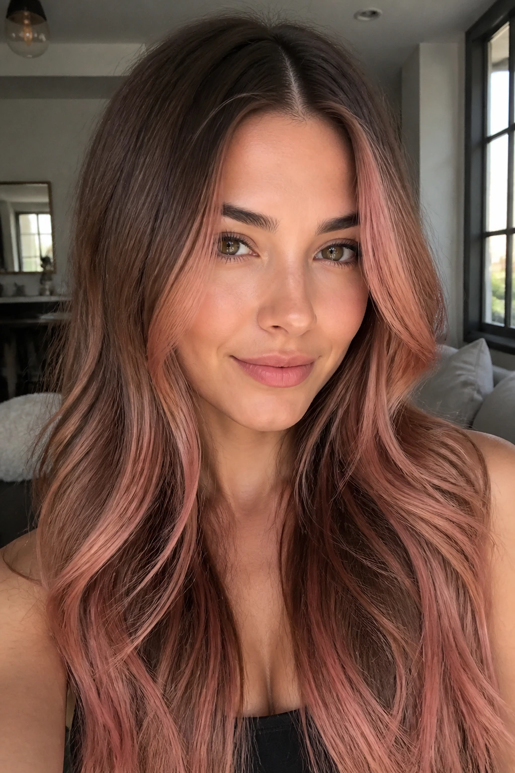 Real woman with face-framing rose gold ombre around the front hair