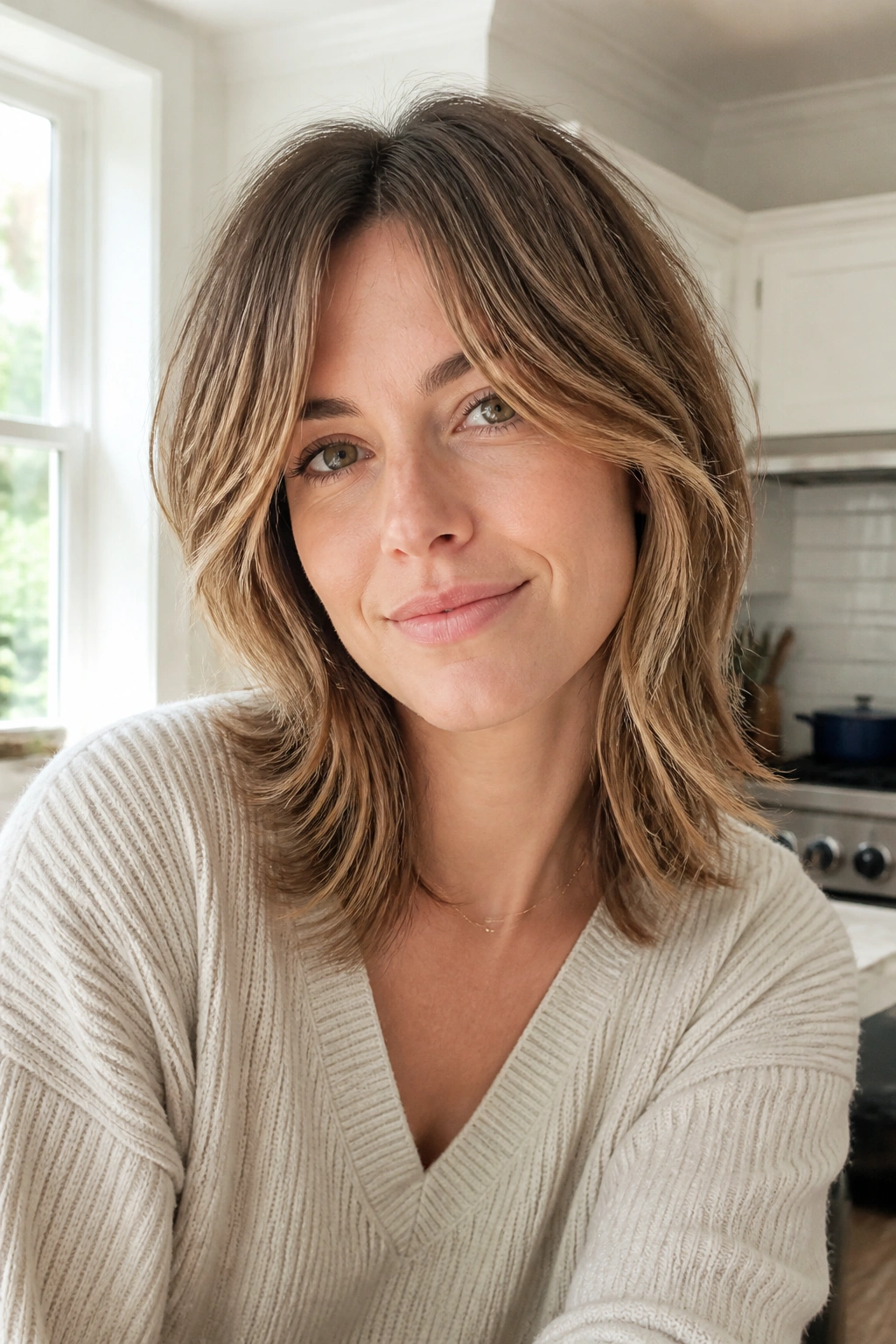Close-up of a woman with low-maintenance shag and face framing
