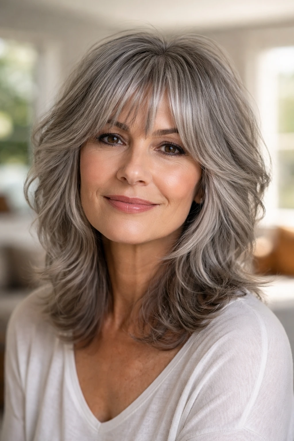 Close-up of a woman with a face-framing shag and silver hair in natural light.