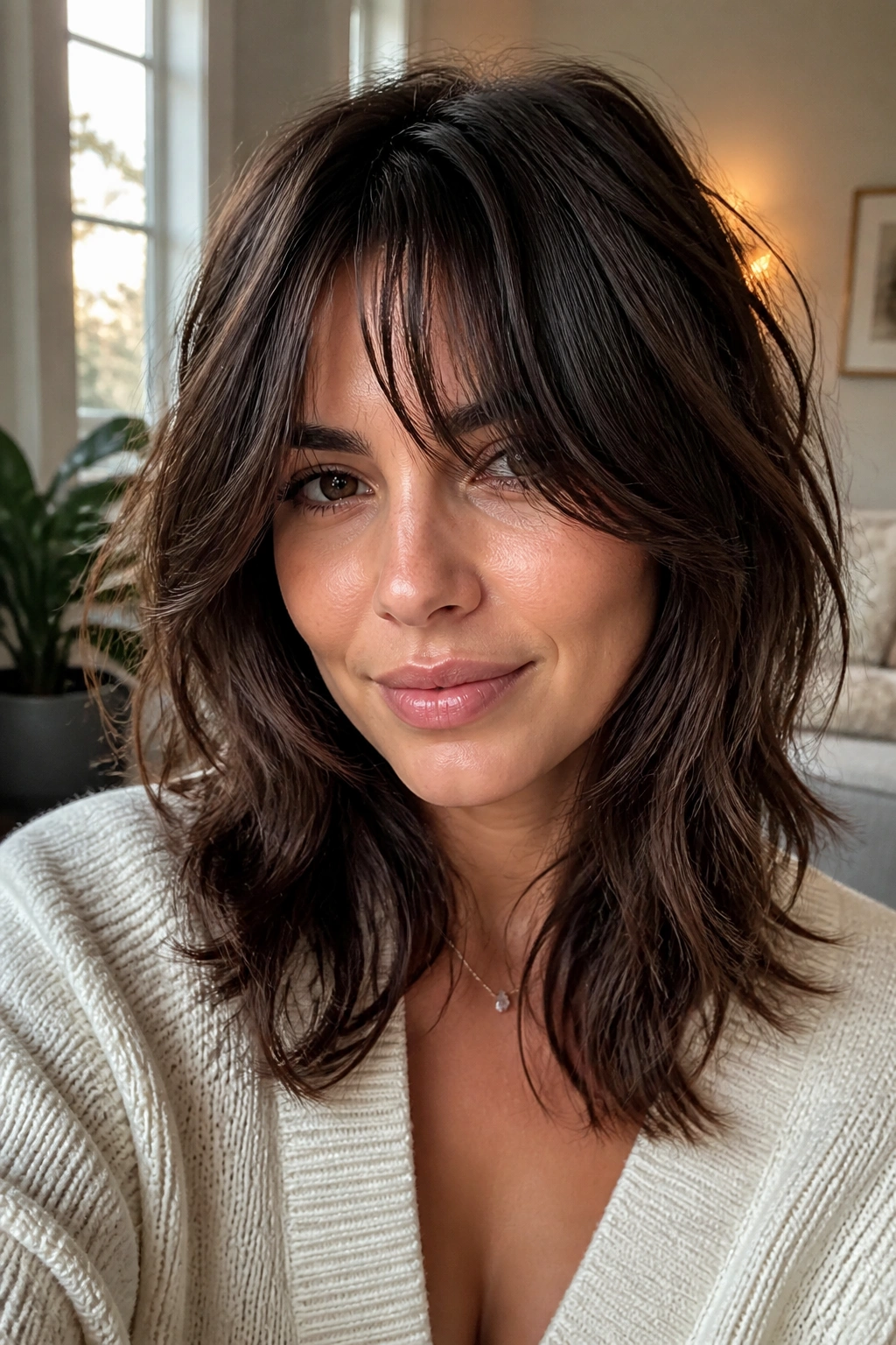Close-up of real woman with face-framing shag bangs