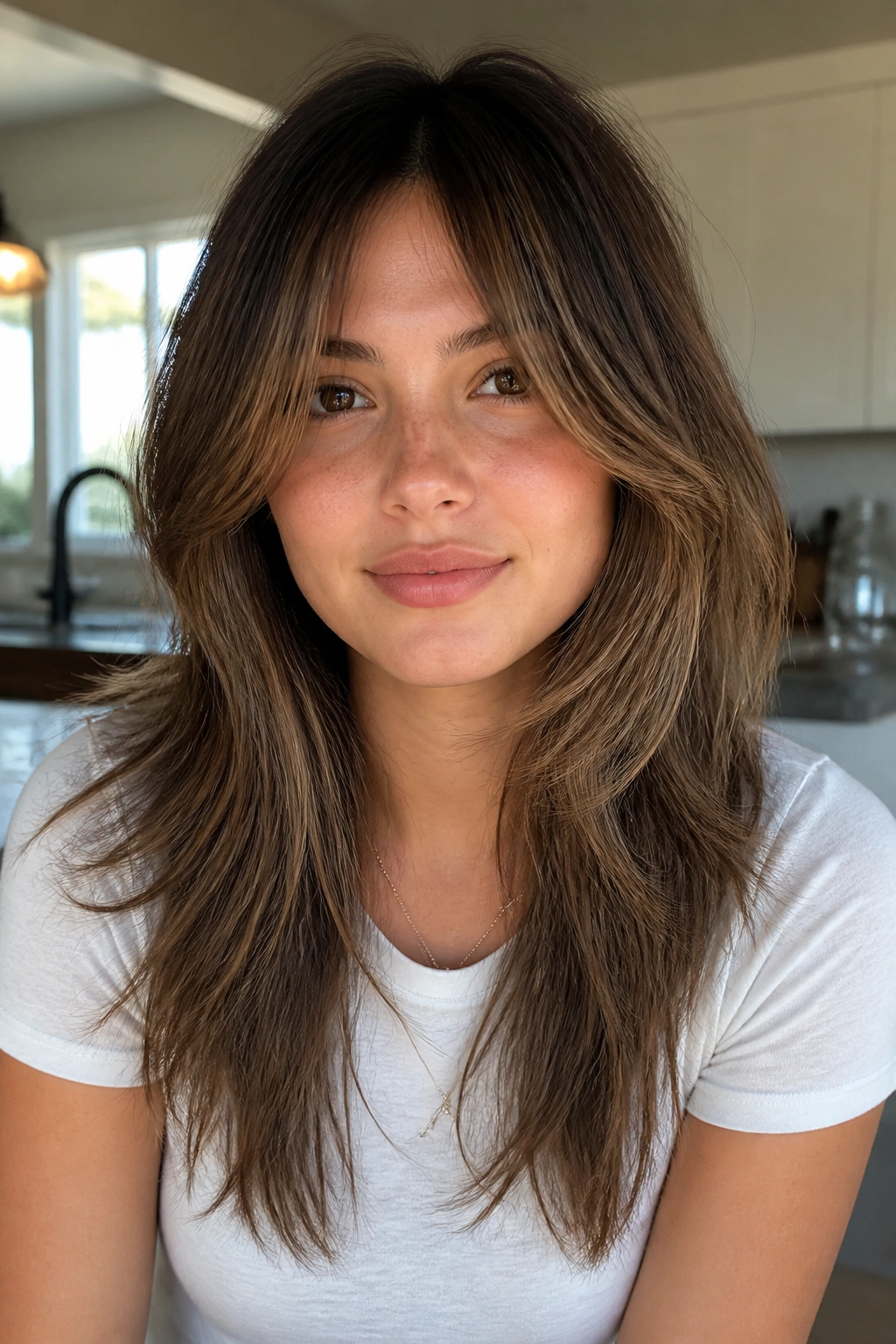 Close-up portrait of a real woman with face-framing layers starting below the cheekbones