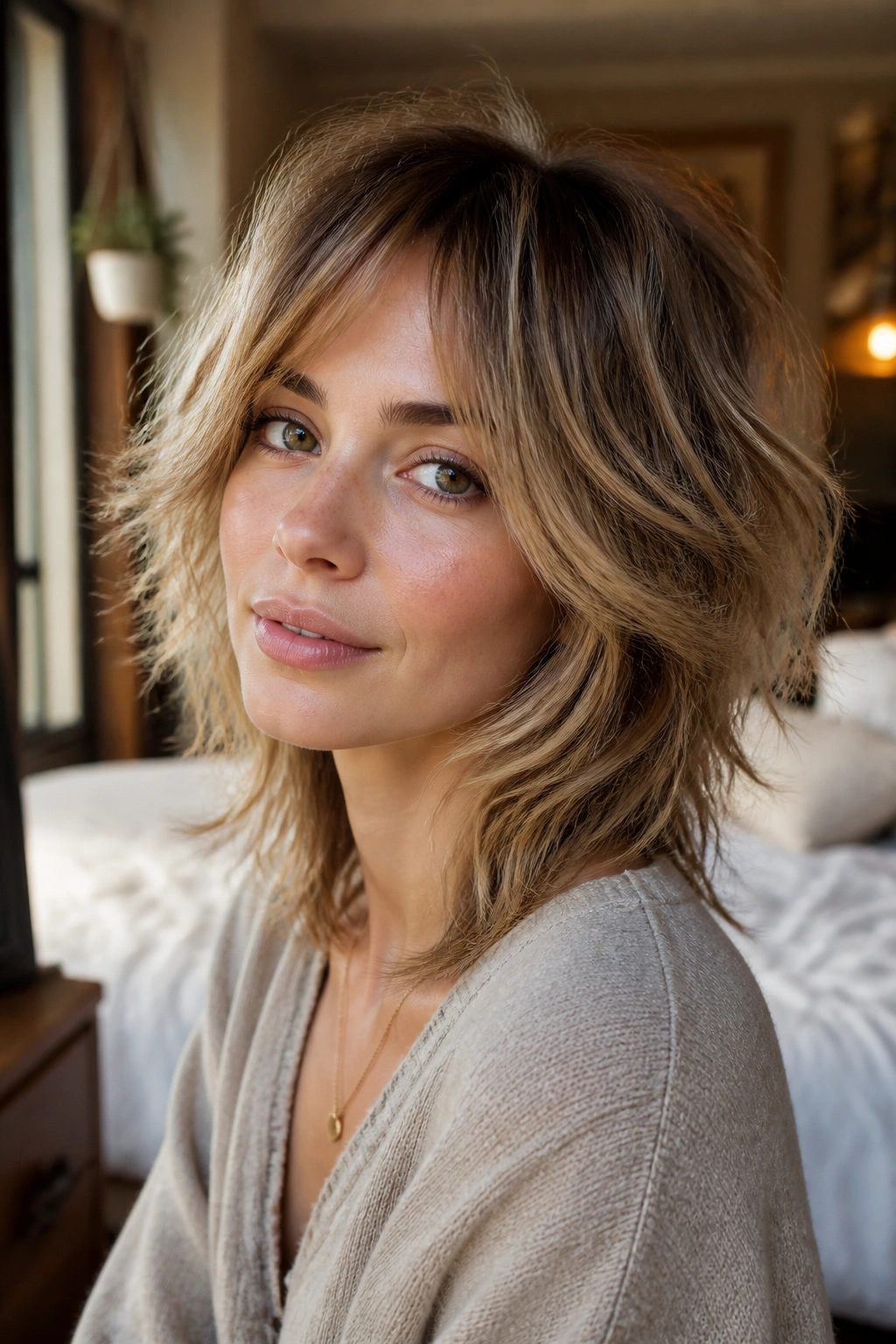 Shoulder-up portrait of a real woman with face-framing bohemian shag front pieces in natural window light