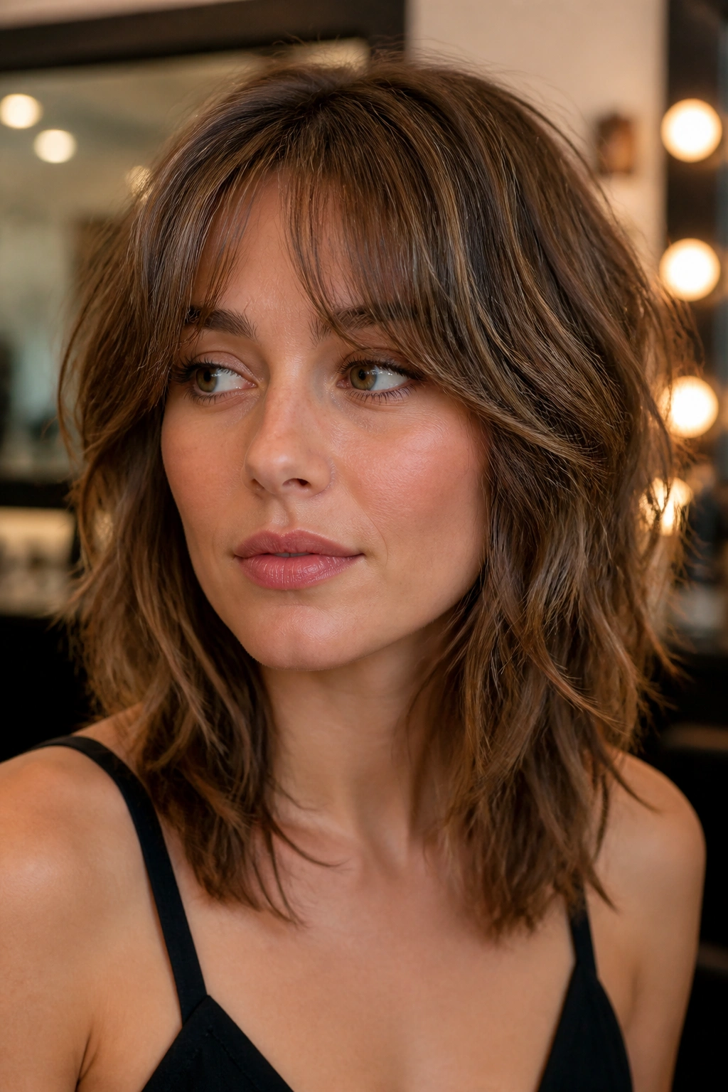Close-up of a real woman with bottleneck bangs and face-framing shag (Face-Framing Shag With Bottleneck Bangs).