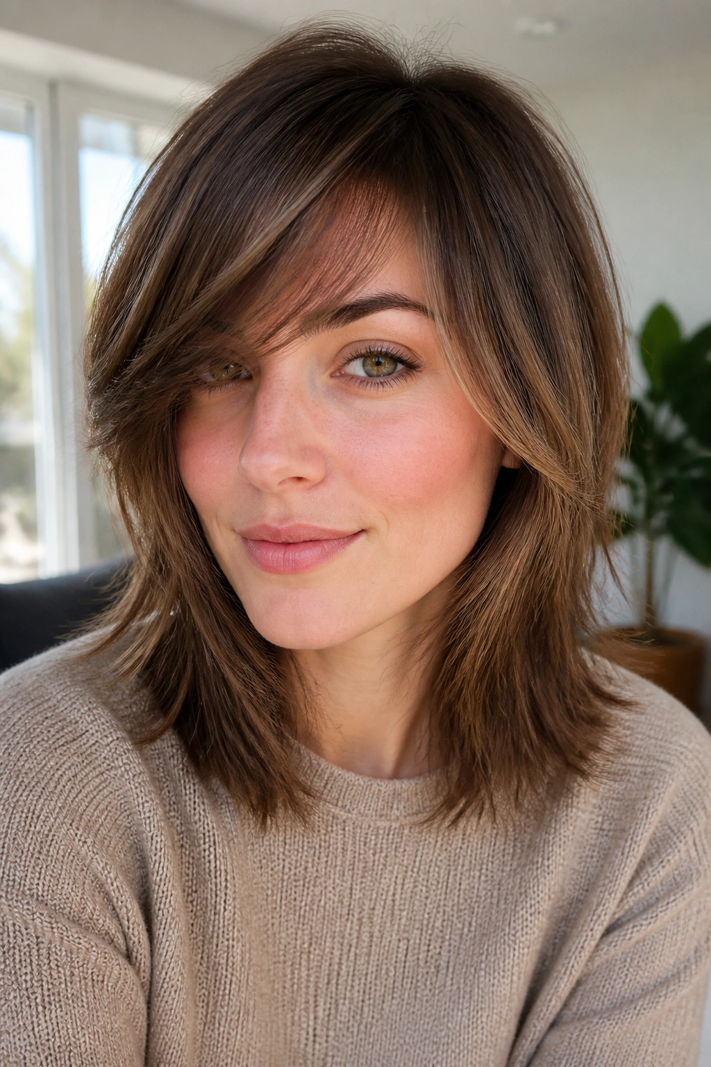 Close-up portrait of a woman with a face-framing shag and side fringe in bright room light