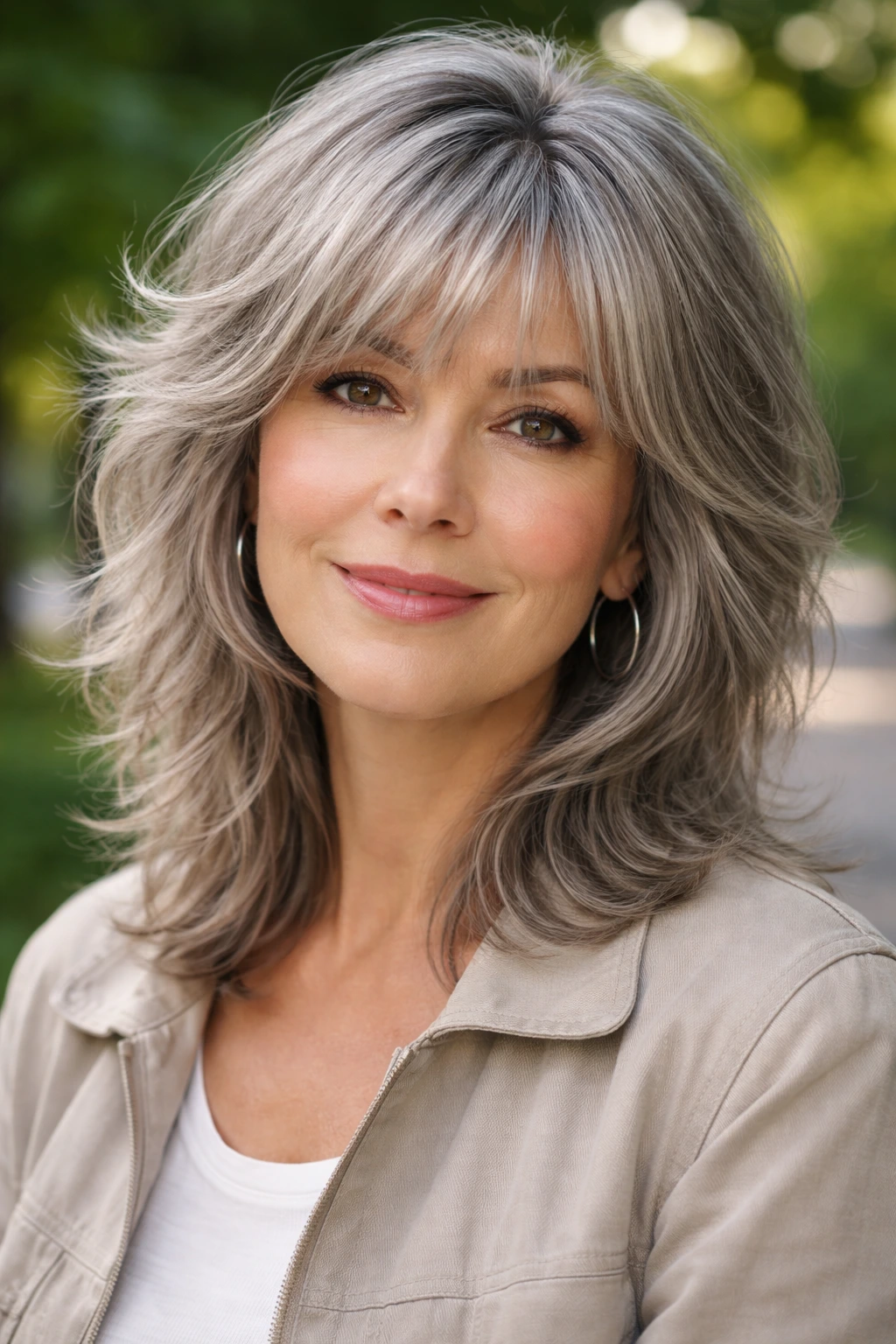 Portrait of a real woman with a face-framing shag and silver hair.