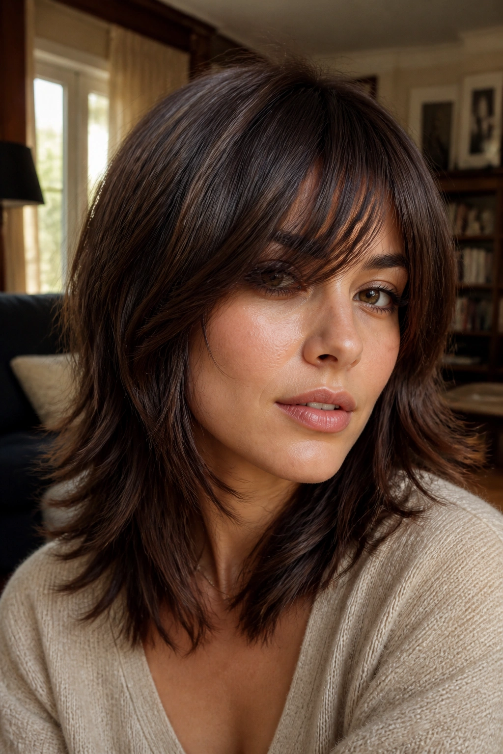 Close-up portrait of a real woman with a face-framing shag and long bangs