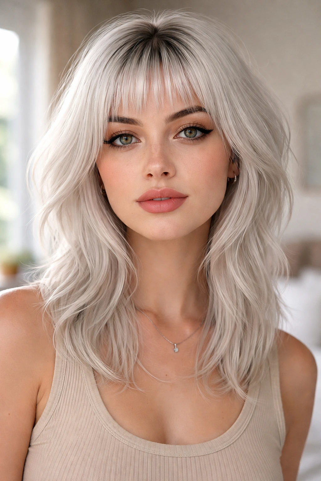 Close-up of a real woman with micro bangs and face-framing shag on white hair, natural window light