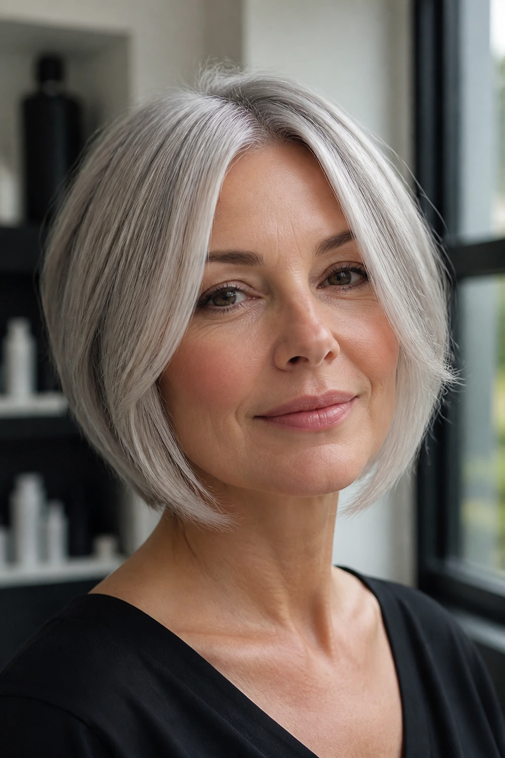 Close-up portrait of a real woman with face-framing silver bob
