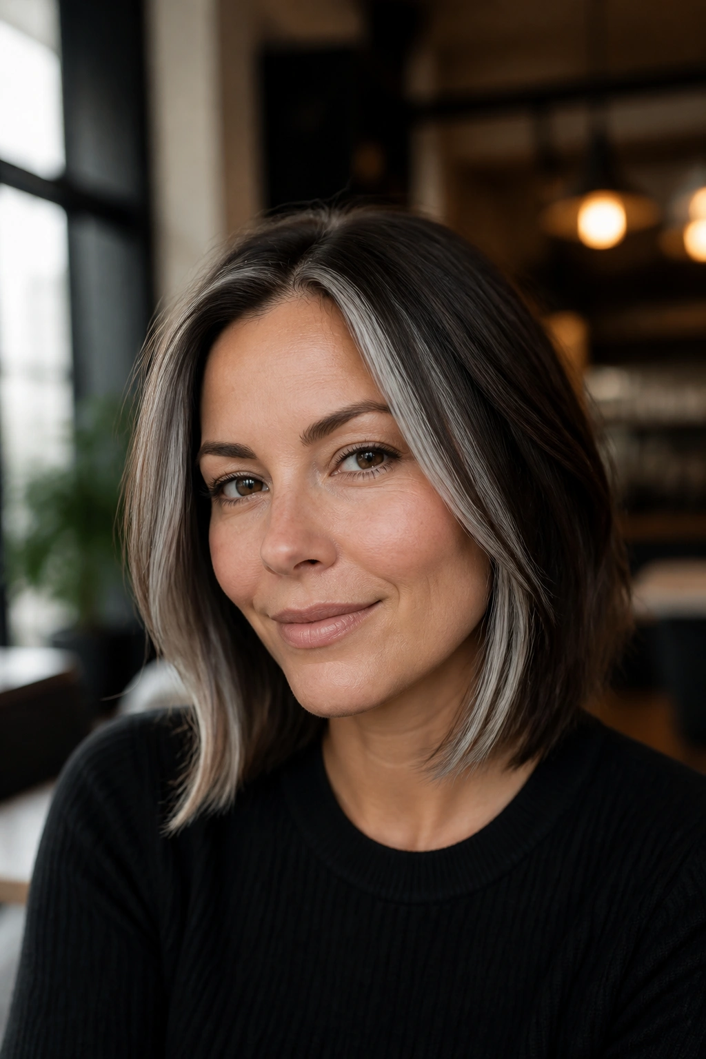 Close-up portrait of a real woman with a lob haircut and face-framing silver streaks at the temples.
