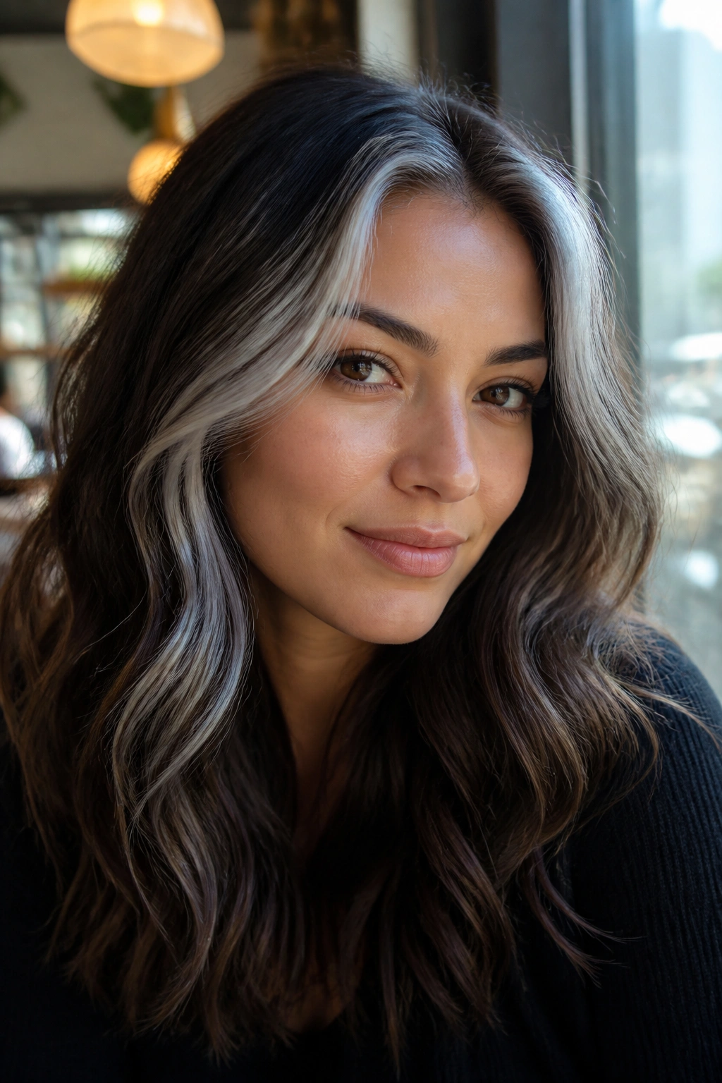 Close-up of face-framing silver strips along the front hairline on brunette hair.