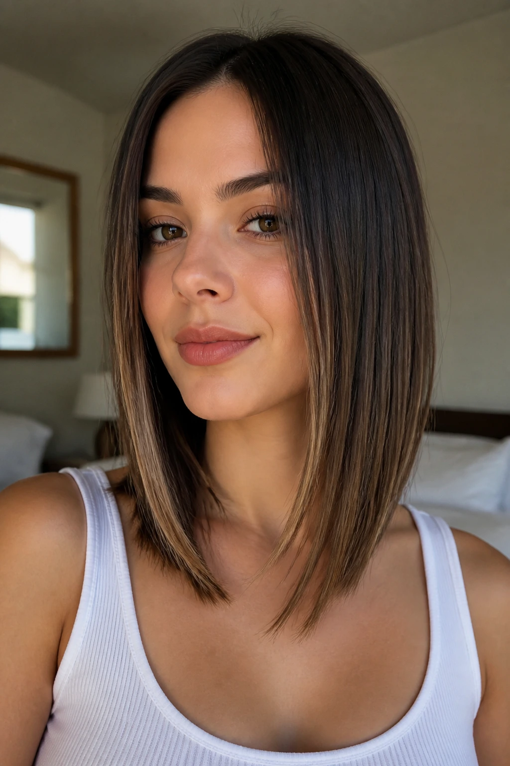Close-up of a real woman showing face-framing slices with a straight finish in sleek straight hair.