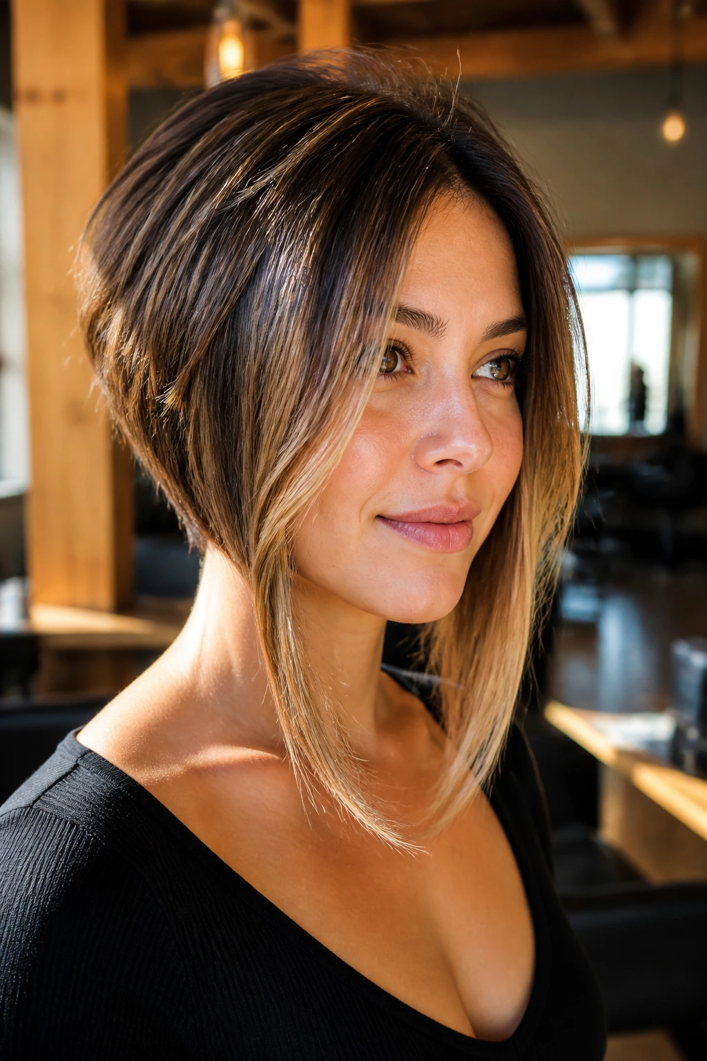 Close-up of a real woman with long angled front pieces and stacked back in a sunlit salon