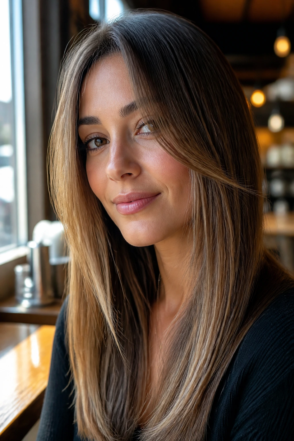 Close-up of a real woman with face-framing layers on straight hair.