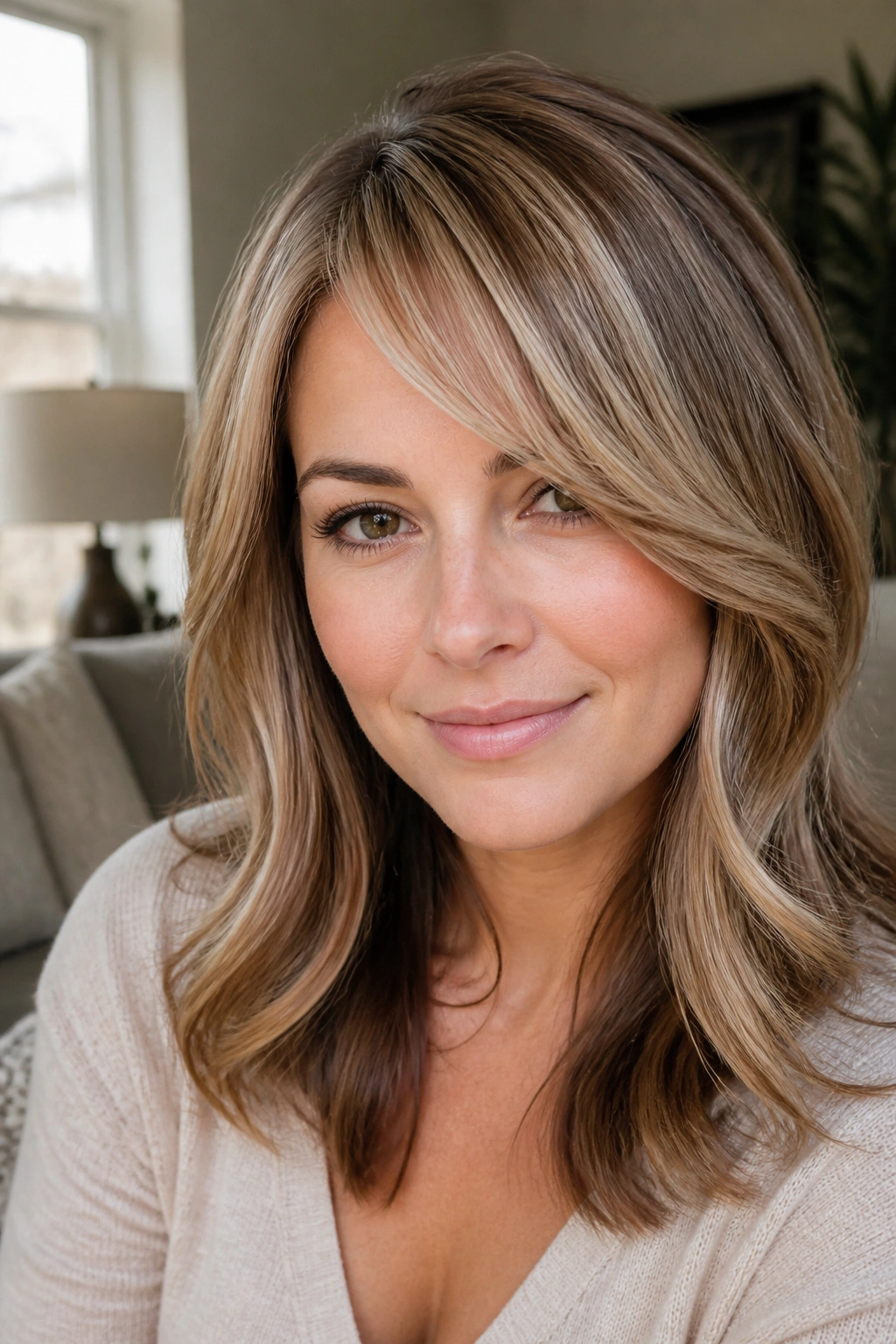 Close-up of a woman with face-framing sweep and caramel lowlights in blonde