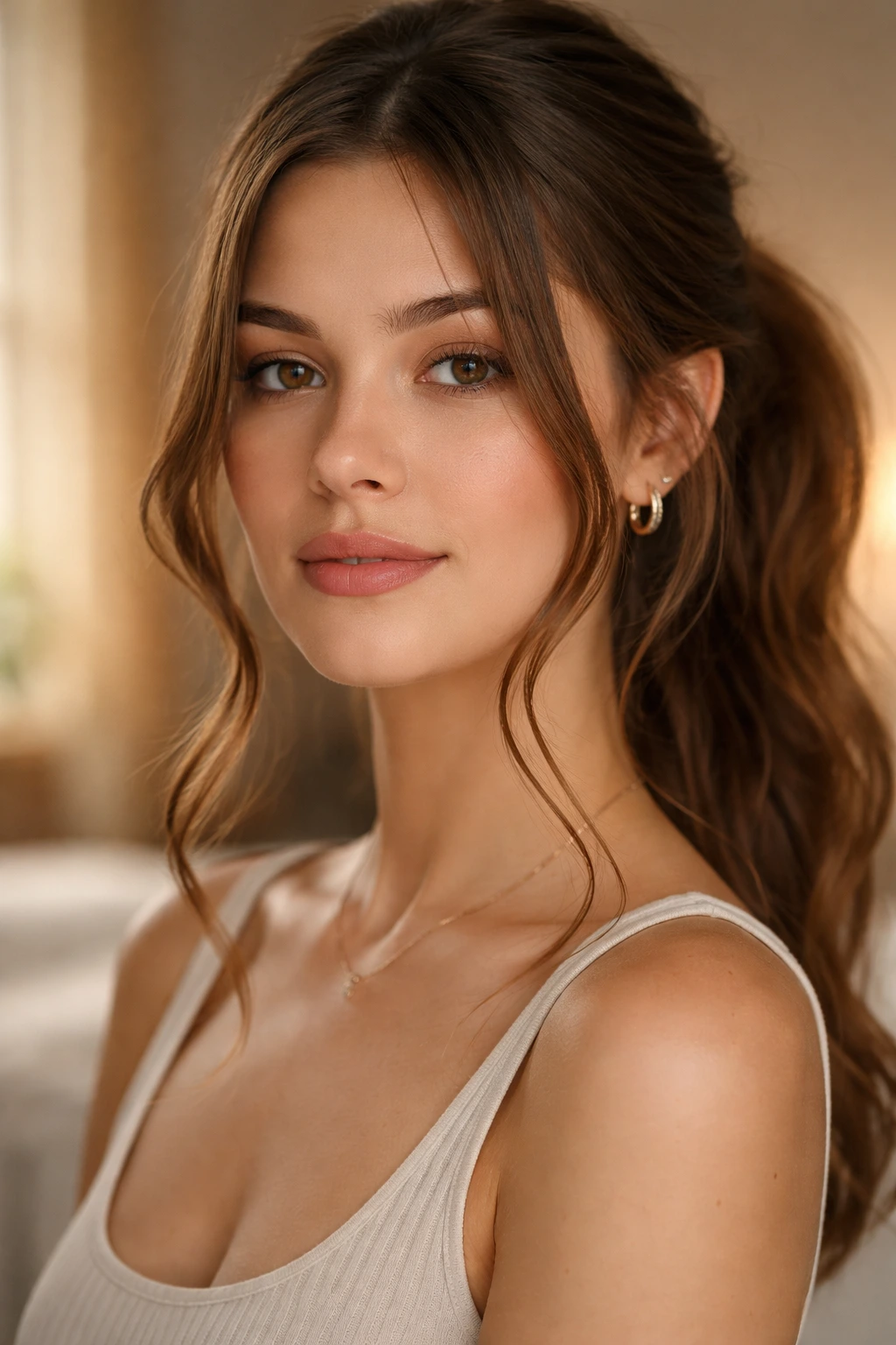 Close-up of long face-framing tendrils framing a woman's jawline in warm bedroom light