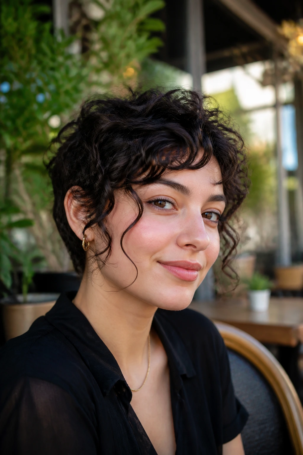 Close-up of a real woman with face-framing tendrils on a curly pixie
