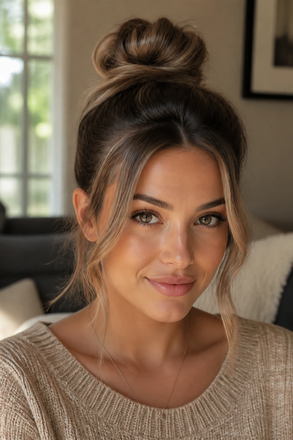 Close-up portrait of a real woman with a face-framing top knot