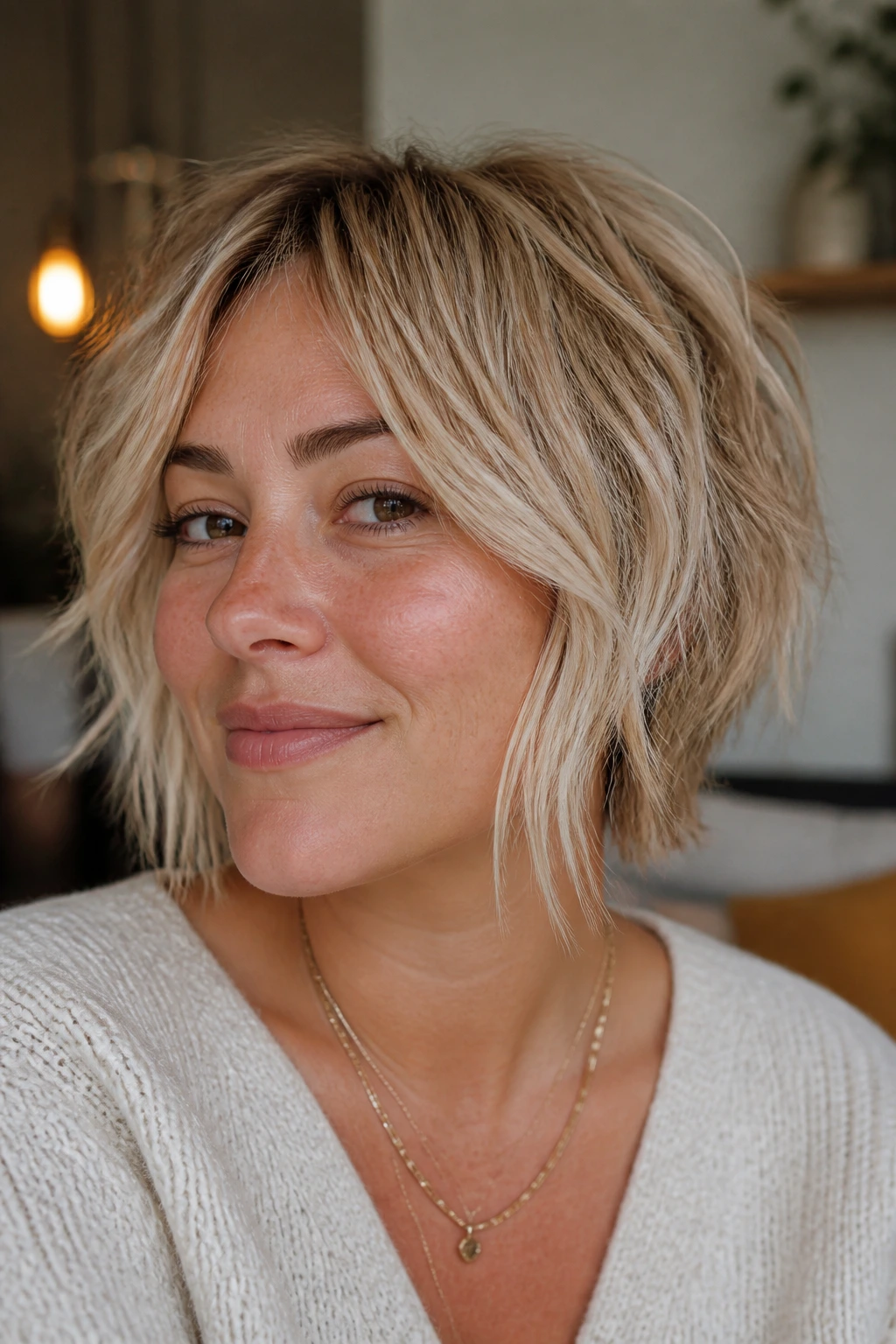Short blonde shag with face-framing veils close-up portrait on a real woman.