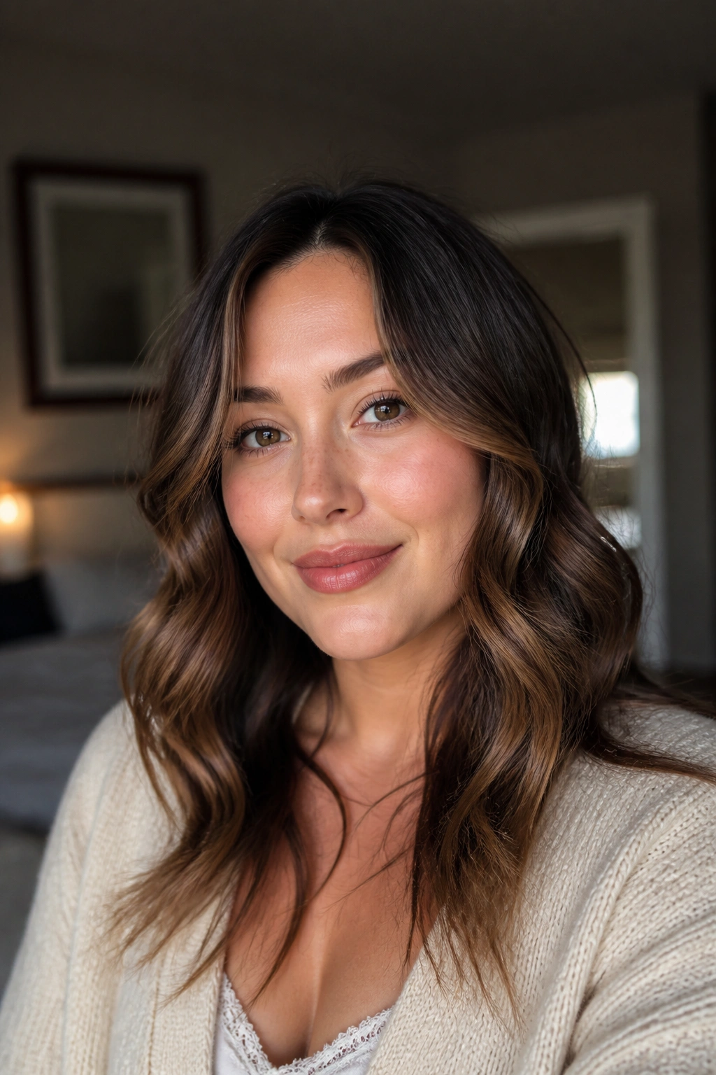 Close-up of a real person with face-framing waves starting below the cheekbones