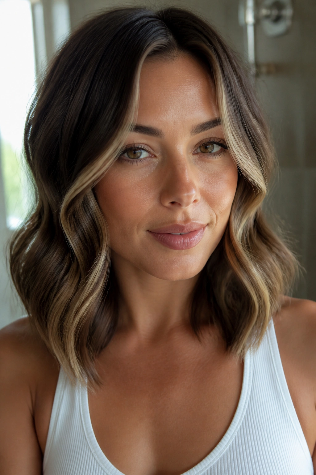 Close-up of a real woman with face-framing waves starting beneath the cheekbones
