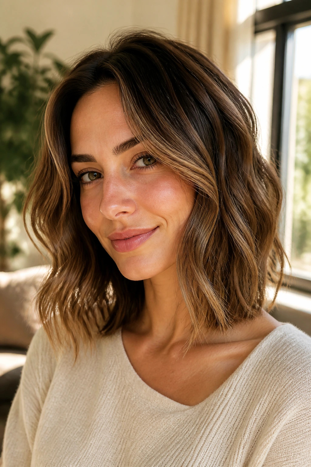Close-up of a real woman with a face-framing wavy lob in natural window light.