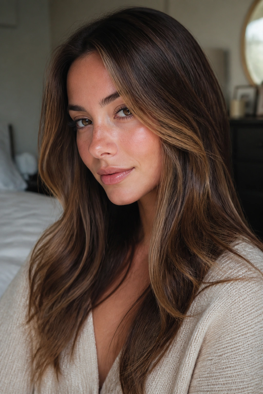 Close-up of a real woman with a face-framing weave around temples on brown hair.