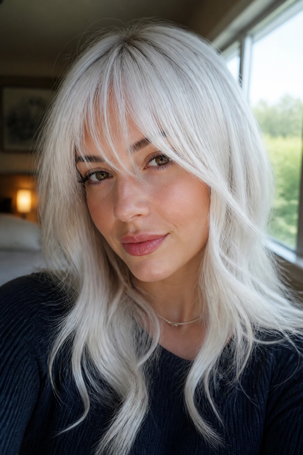 Close-up of a real person with face-framing white bangs catching light