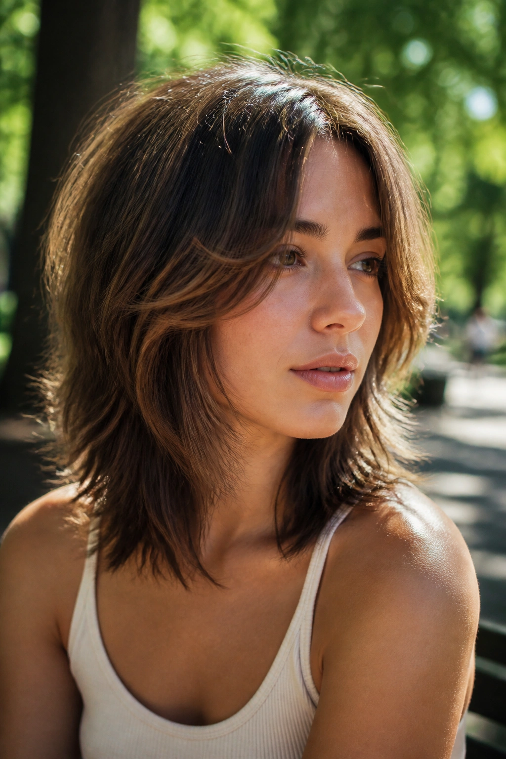 Close-up of a real person with face-framing wolf cut around the cheekbone.