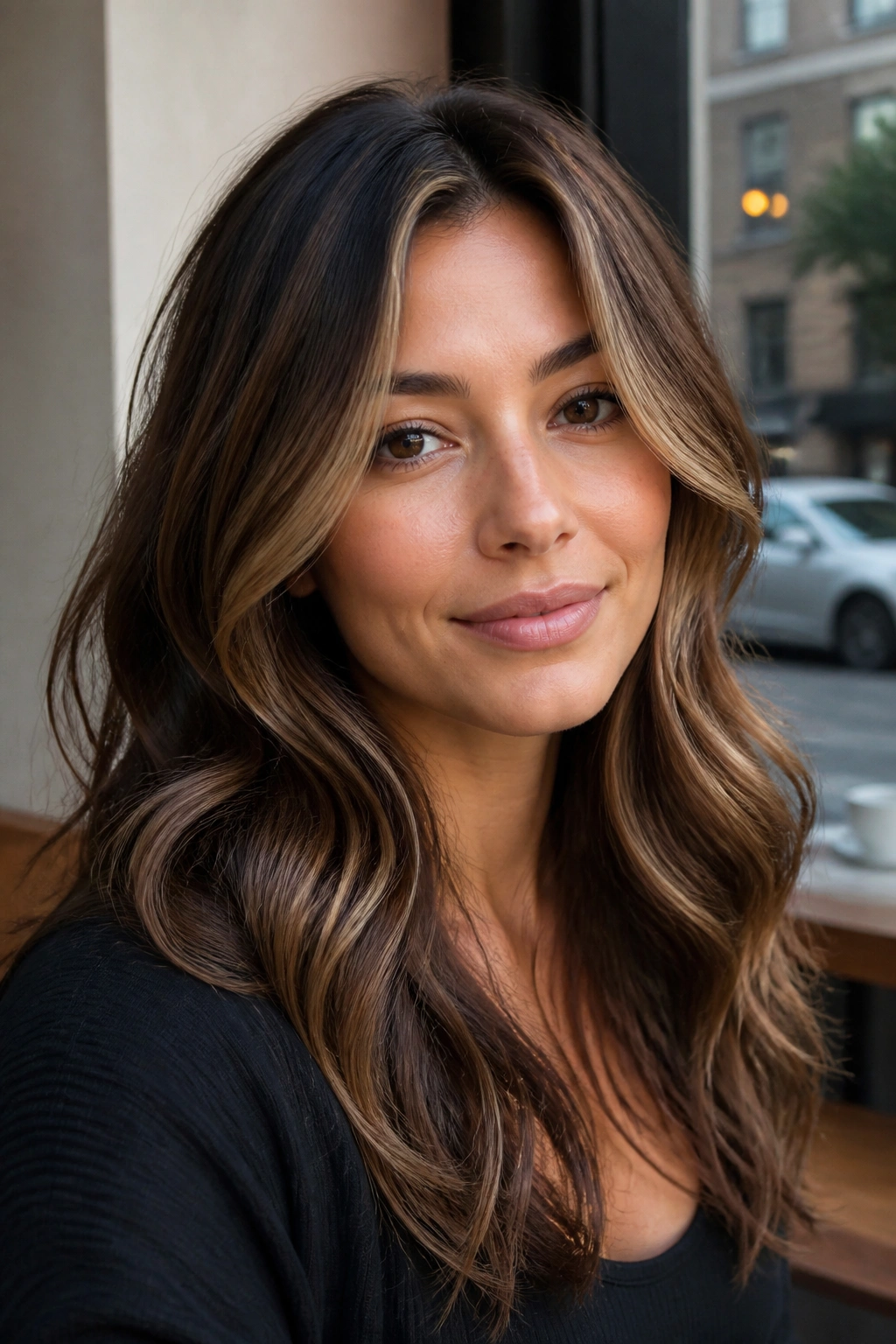 Close-up portrait of a real woman with face-brightening highlights and under-crown lowlights