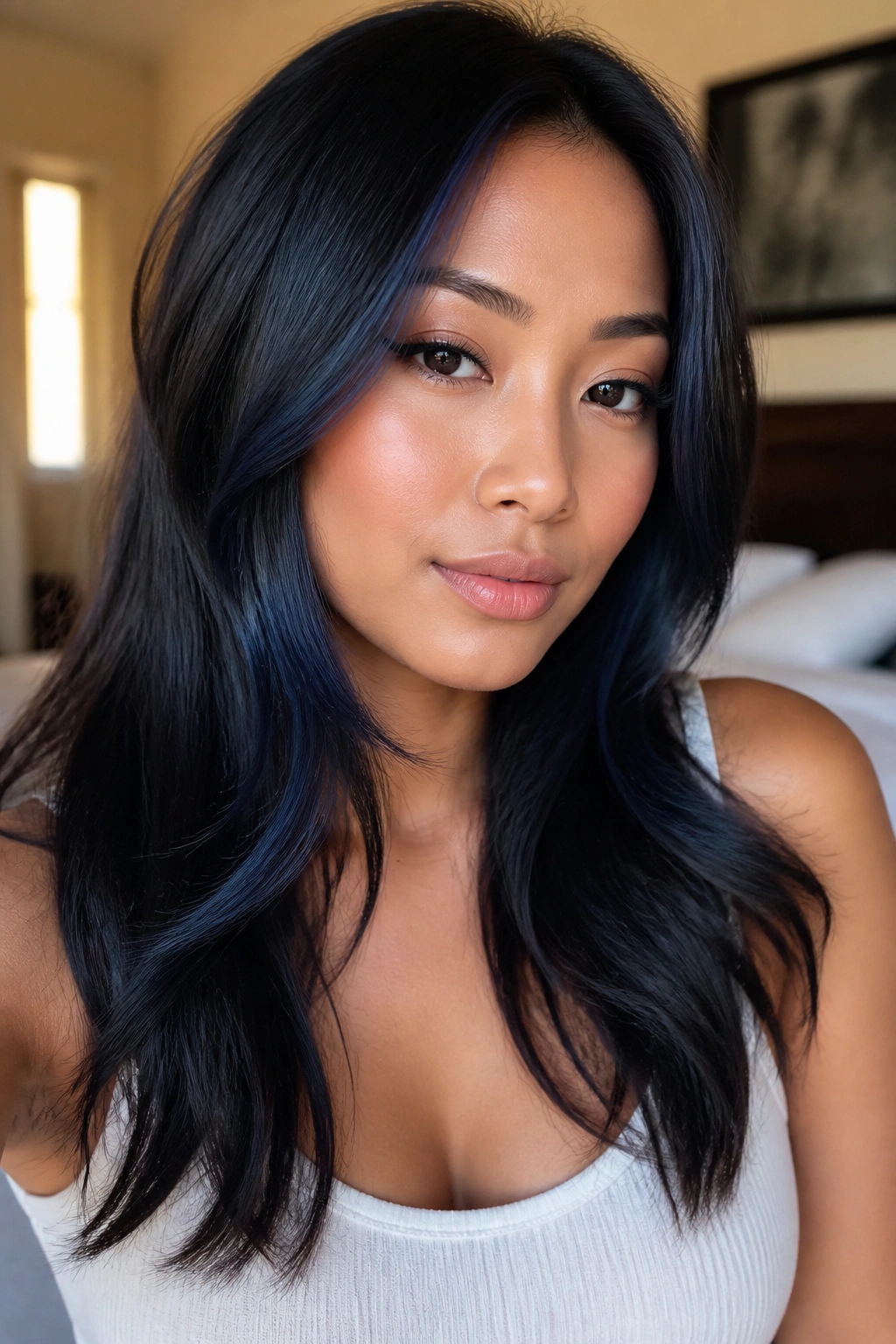 Close-up portrait of a real woman with blue-black face-framing highlights hugging the cheeks in long layers.