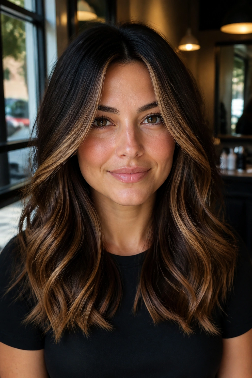 Close-up portrait of a real woman with chocolate brown face-lengthening highlights framing temples and jawline