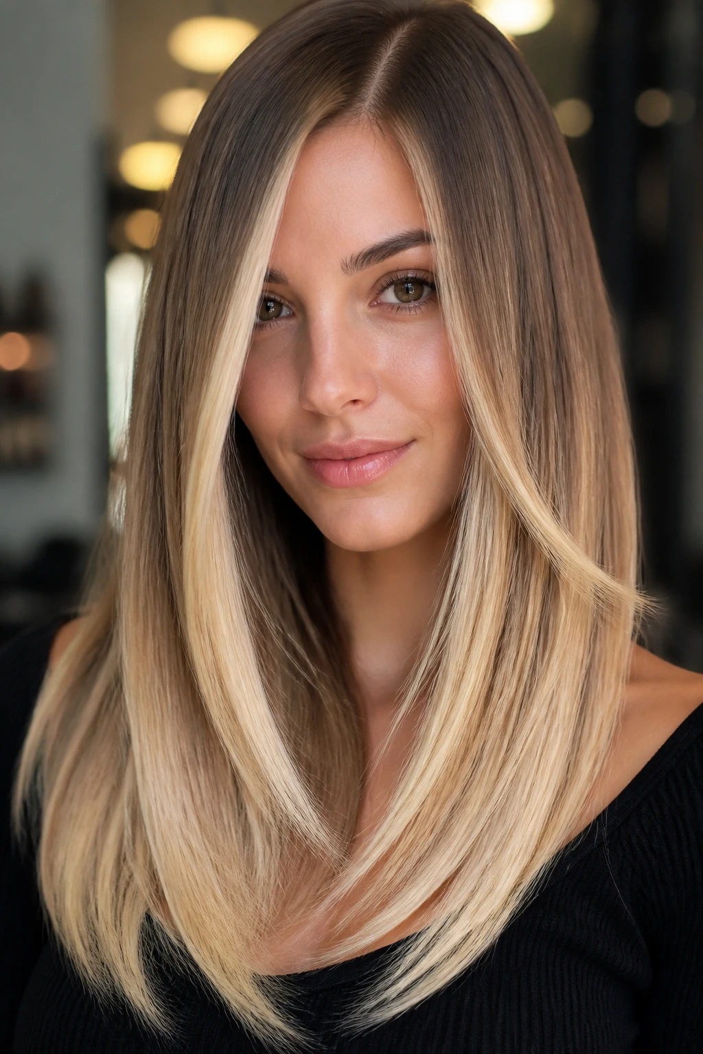 Real woman with extra-long front pieces ombre to elongate the face