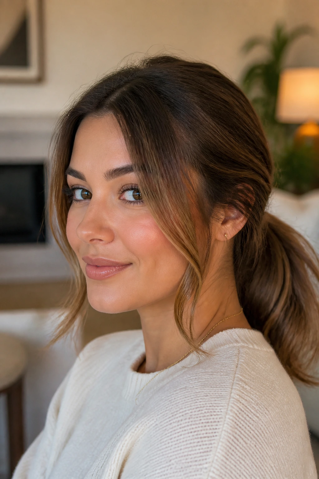 Close-up of a real woman with face-framing curtain pieces and a back ponytail.