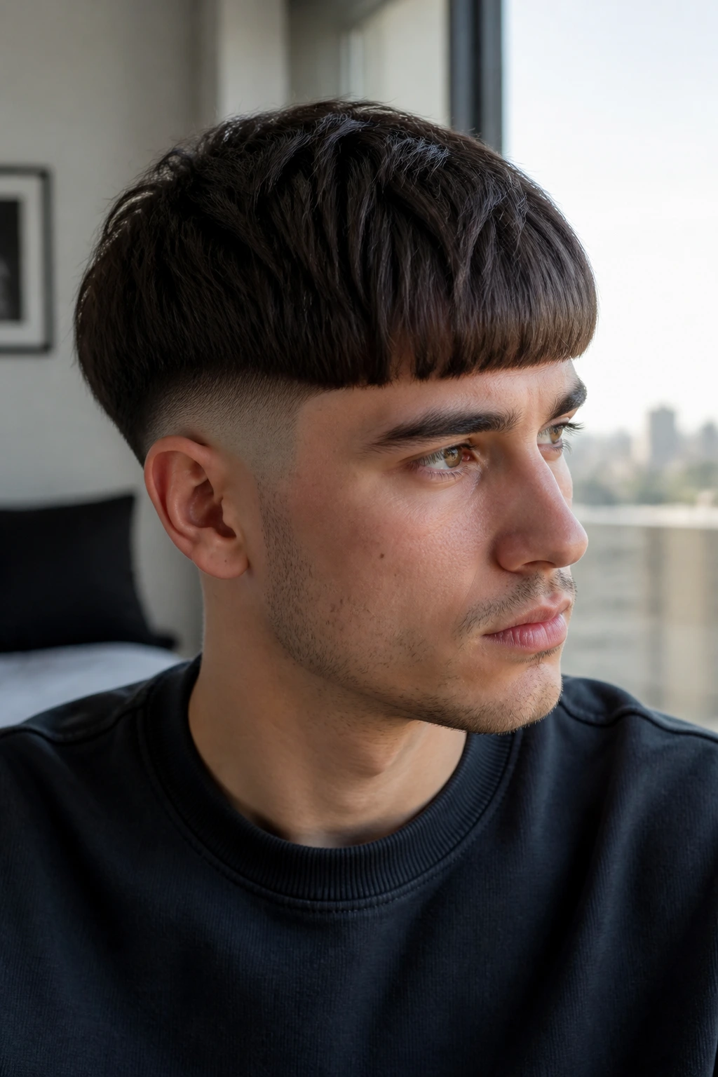 Close-up of a real person with a fade bowl cut showing a low-to-mid fade at temples and nape with a rounded top