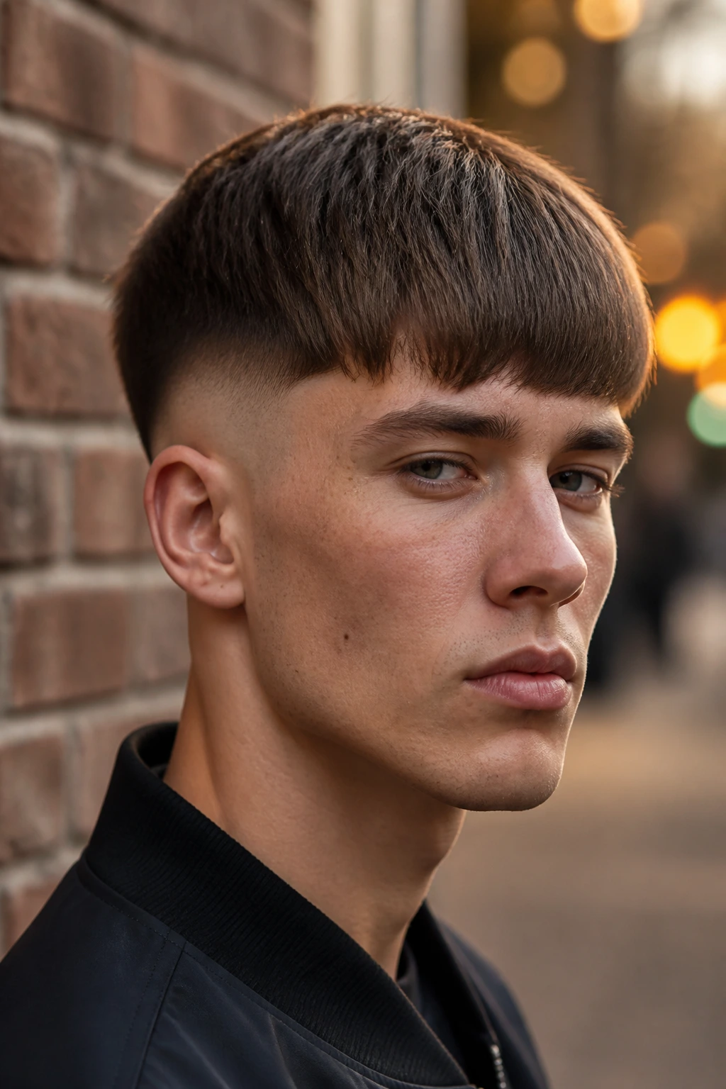 Man with fade bowl cut against brick wall at dusk