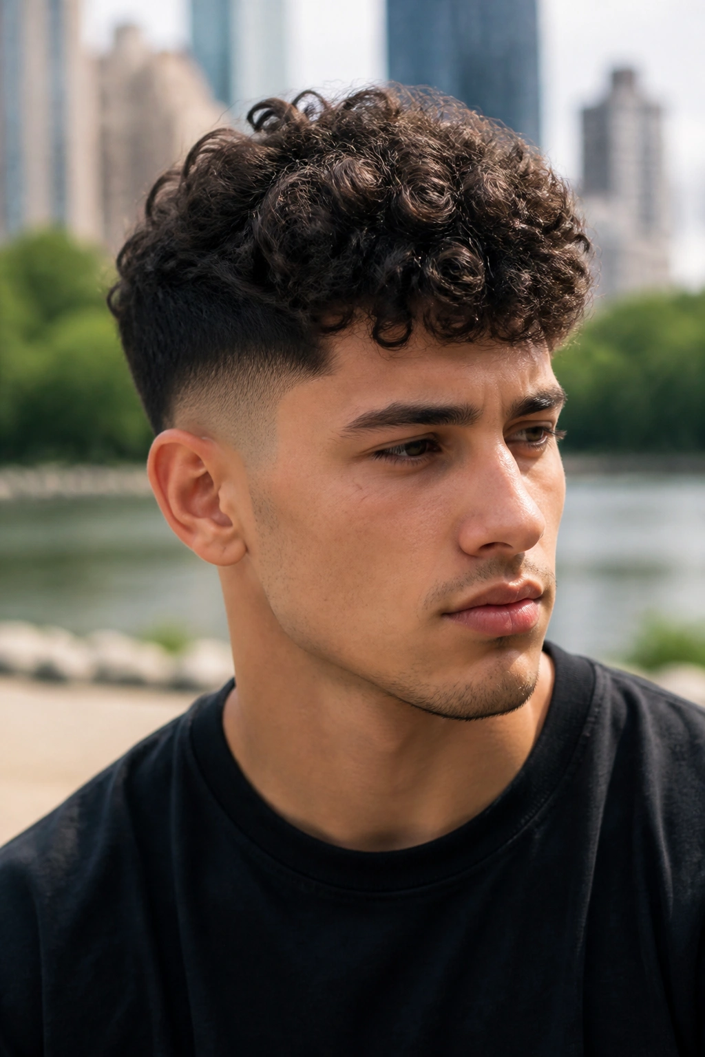 Close-up of man with fade on sides and curly top, curls defined.